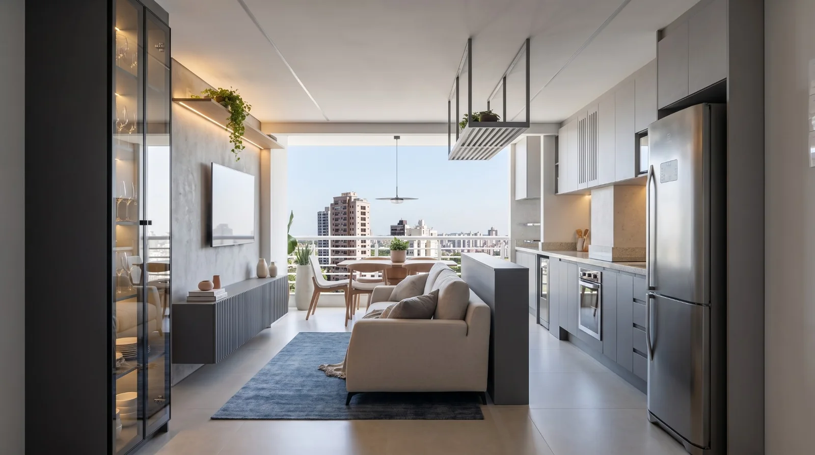 Sala integrada com cozinha, marcenaria clara e vista urbana