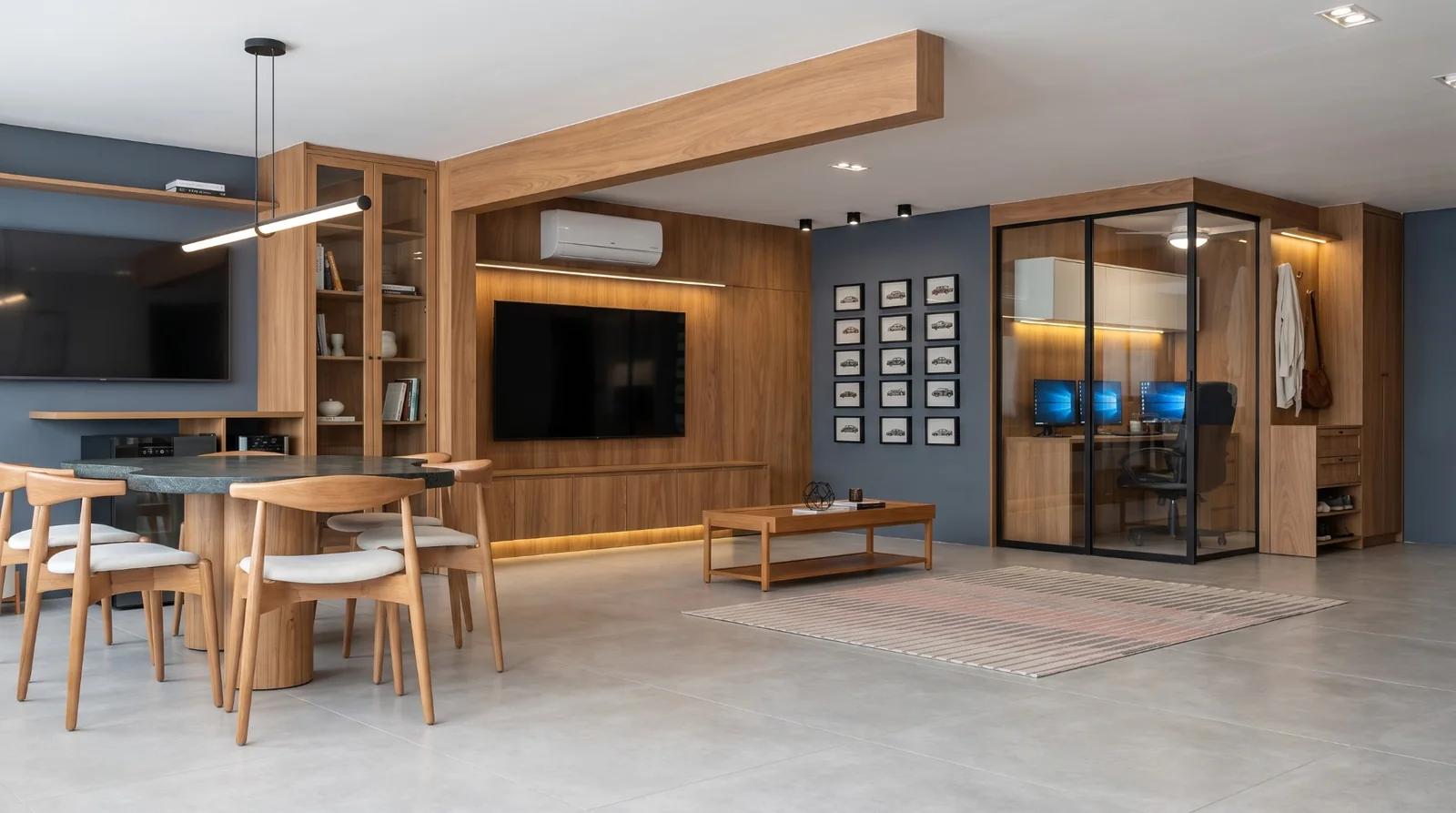 Sala de estar com painel de televisão em madeira e home office fechado em vidro