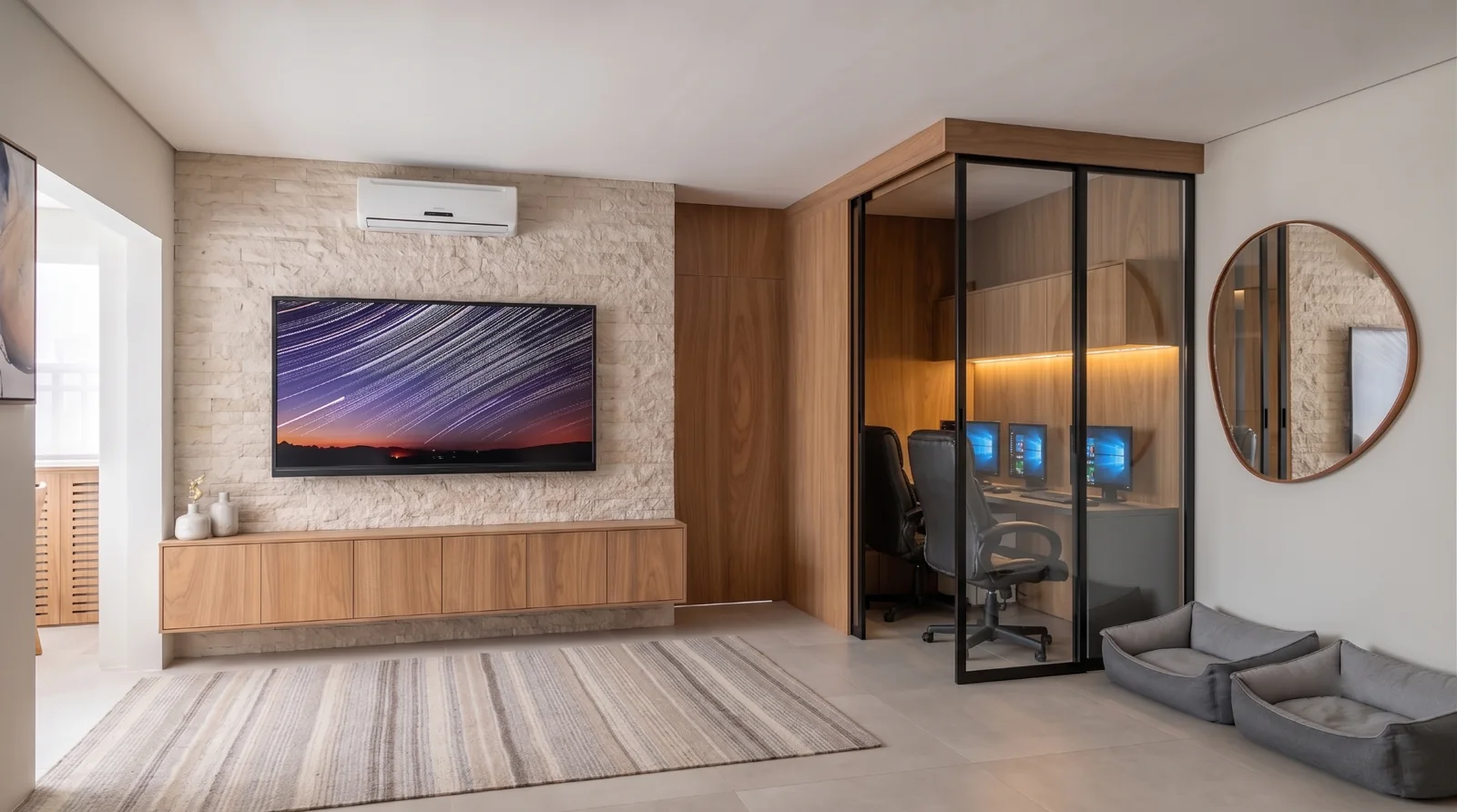 Sala com painel de pedra, televisão e escritório com fechamento em vidro